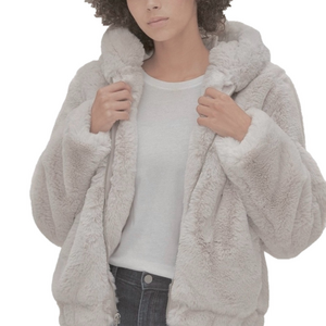 Gap Fog Gray Faux Fur XXL Jacket Hooded Super Plush Zip Up EUC Women’s